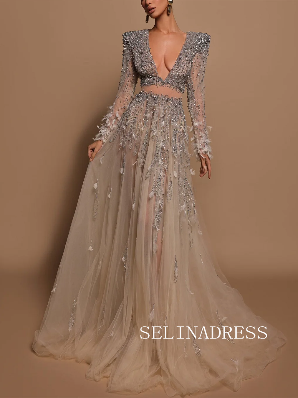 Chic A-line Silver Beaded Prom Dresses With Feather Long Sleeve Evening Gowns TKH012|Selinadress