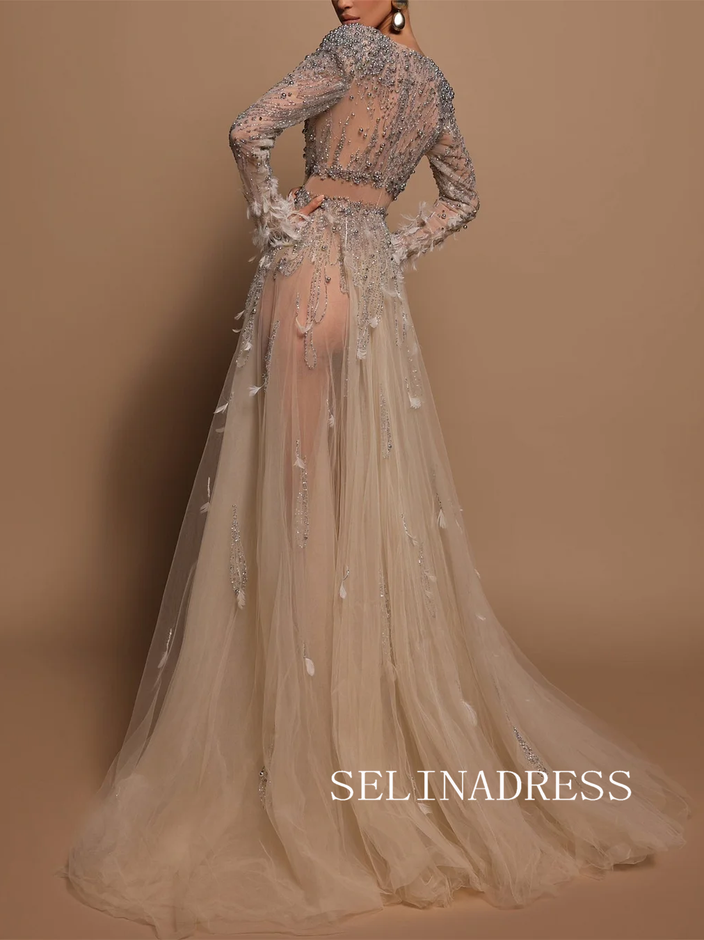 Chic A-line Silver Beaded Prom Dresses With Feather Long Sleeve Evening Gowns TKH012|Selinadress