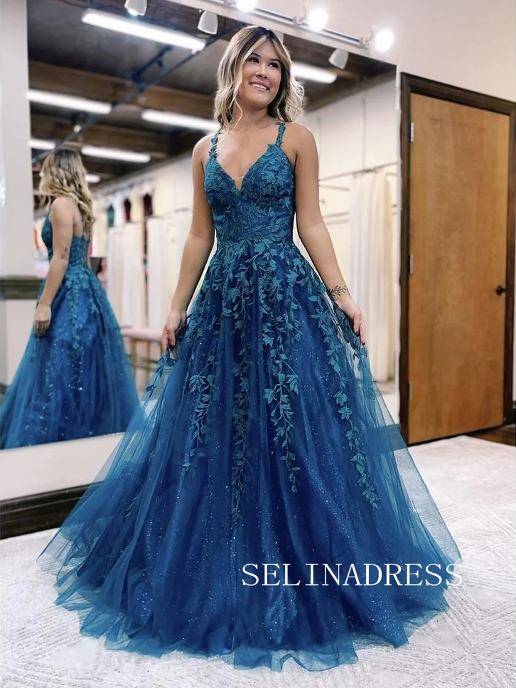 Chic A-line Spaghetti Straps Appliue Long Prom Dresses Blue Evening Dress TKH023|Selinadress