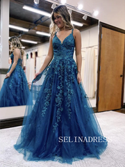 Chic A-line Spaghetti Straps Appliue Long Prom Dresses Blue Evening Dress TKH023|Selinadress