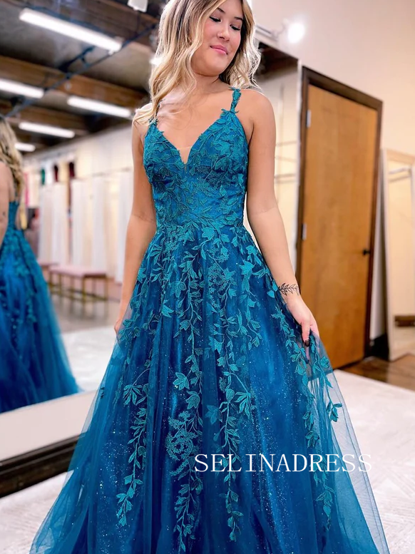 Chic A-line Spaghetti Straps Appliue Long Prom Dresses Blue Evening Dress TKH023|Selinadress