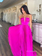 Chic A-line Spaghetti Straps Long Prom Dresses Elegant Fuchsia Evening Dress sew0314|Selinadress