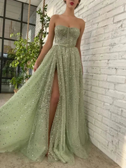 Chic A-line Strapless Glitter Long Prom Dresses Elegant Green Evening Dress sew0209|Selinadress