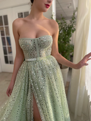 Chic A-line Strapless Glitter Long Prom Dresses Elegant Green Evening Dress sew0209|Selinadress