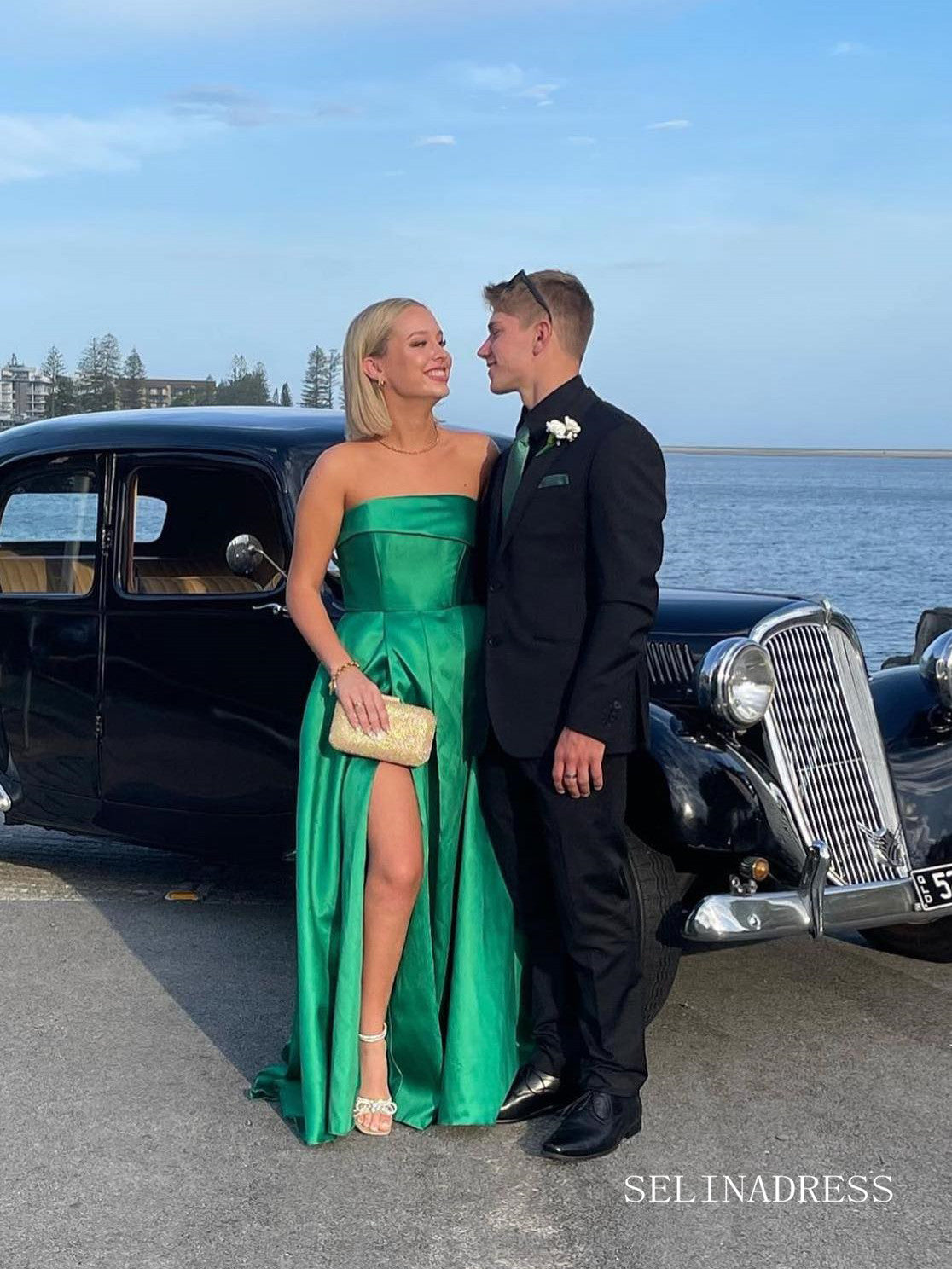 Chic A-line Strapless Hunter Green Long Prom Dresses Elegant Simple Evening Dress sew03583|Selinadress