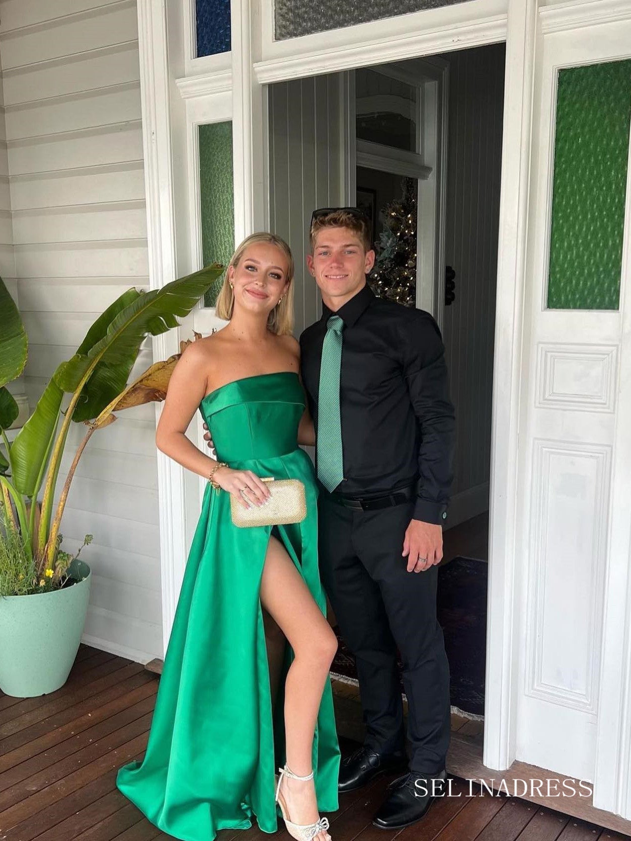 Chic A-line Strapless Hunter Green Long Prom Dresses Elegant Simple Evening Dress sew03583|Selinadress