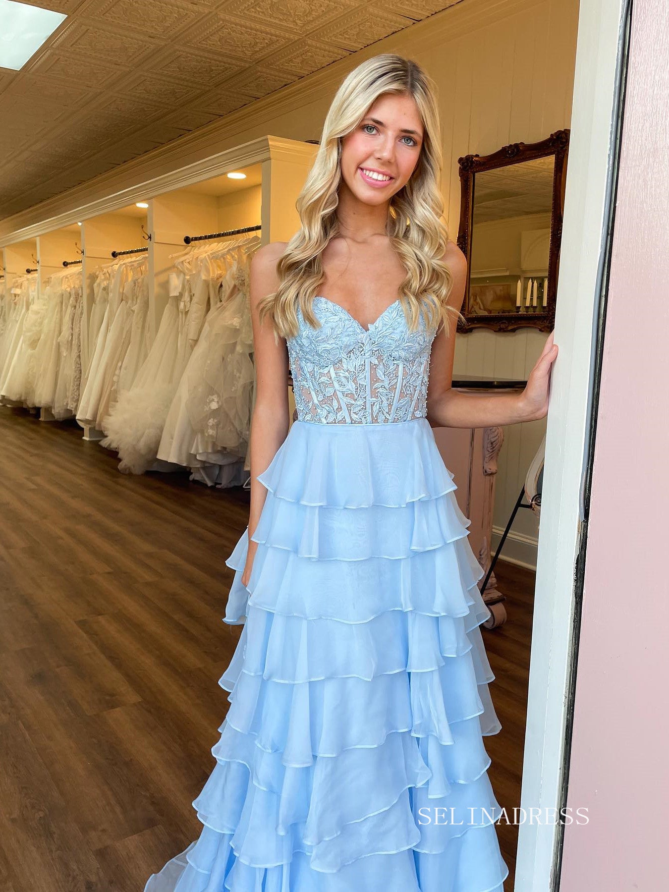 Chic A-line Strapless Light Sky Blue Long Prom Dresses Frill Layered Gown Evening Dresses sew0321|Selinadress