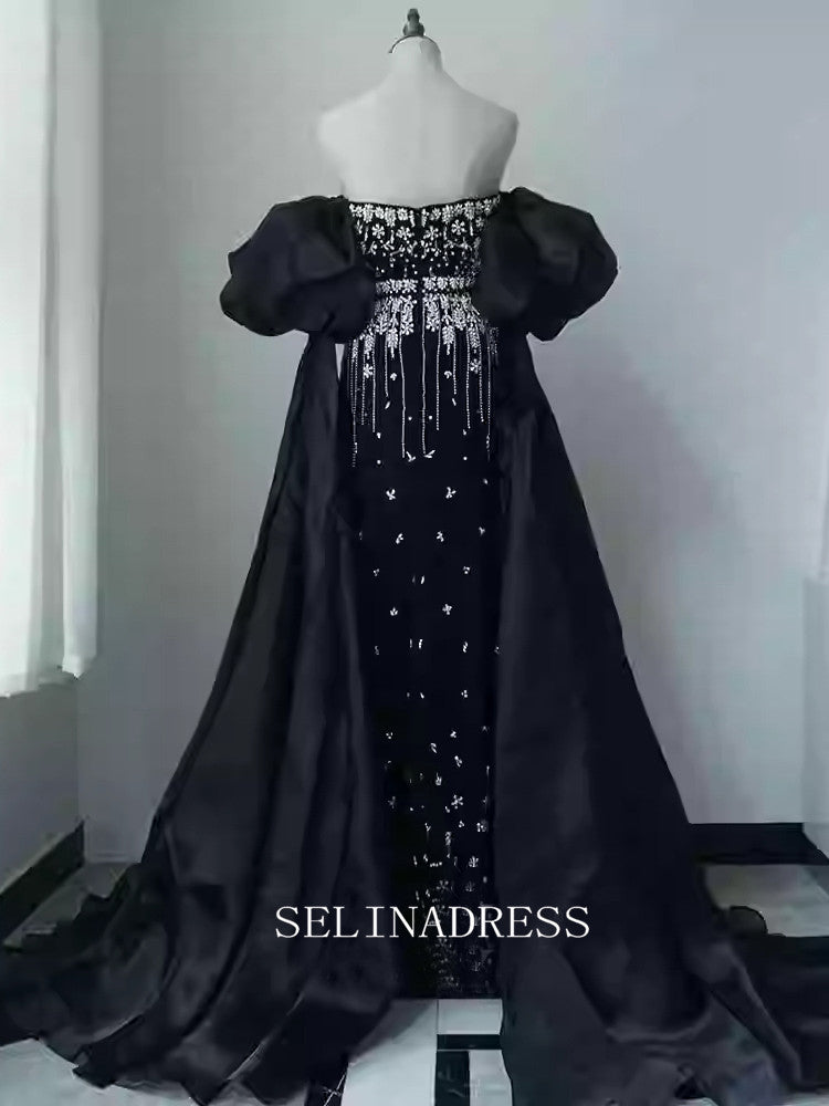 Chic A-line Strapless Long Prom Dresses With Removable Sleeve Elegant Beaded Evening Dress TKL3084|Selinadress