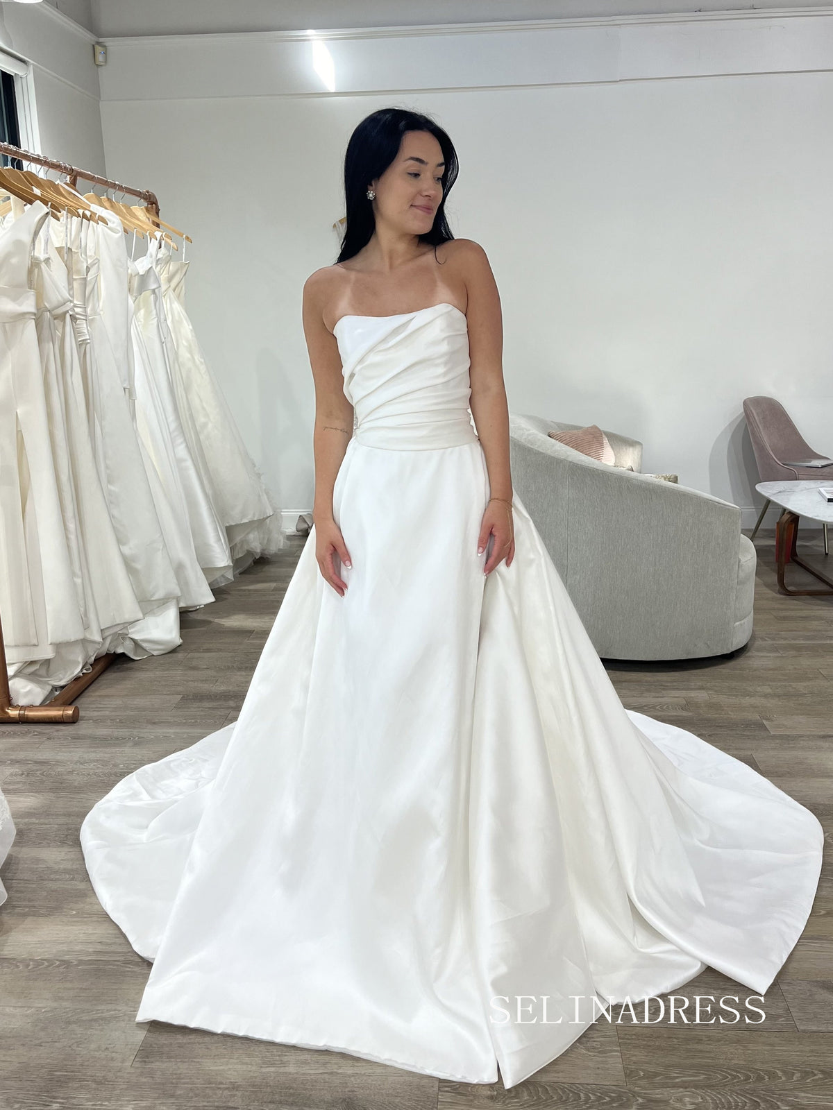 Chic A-line Strapless White Satin Wedding Dresses SER623|Selinadress