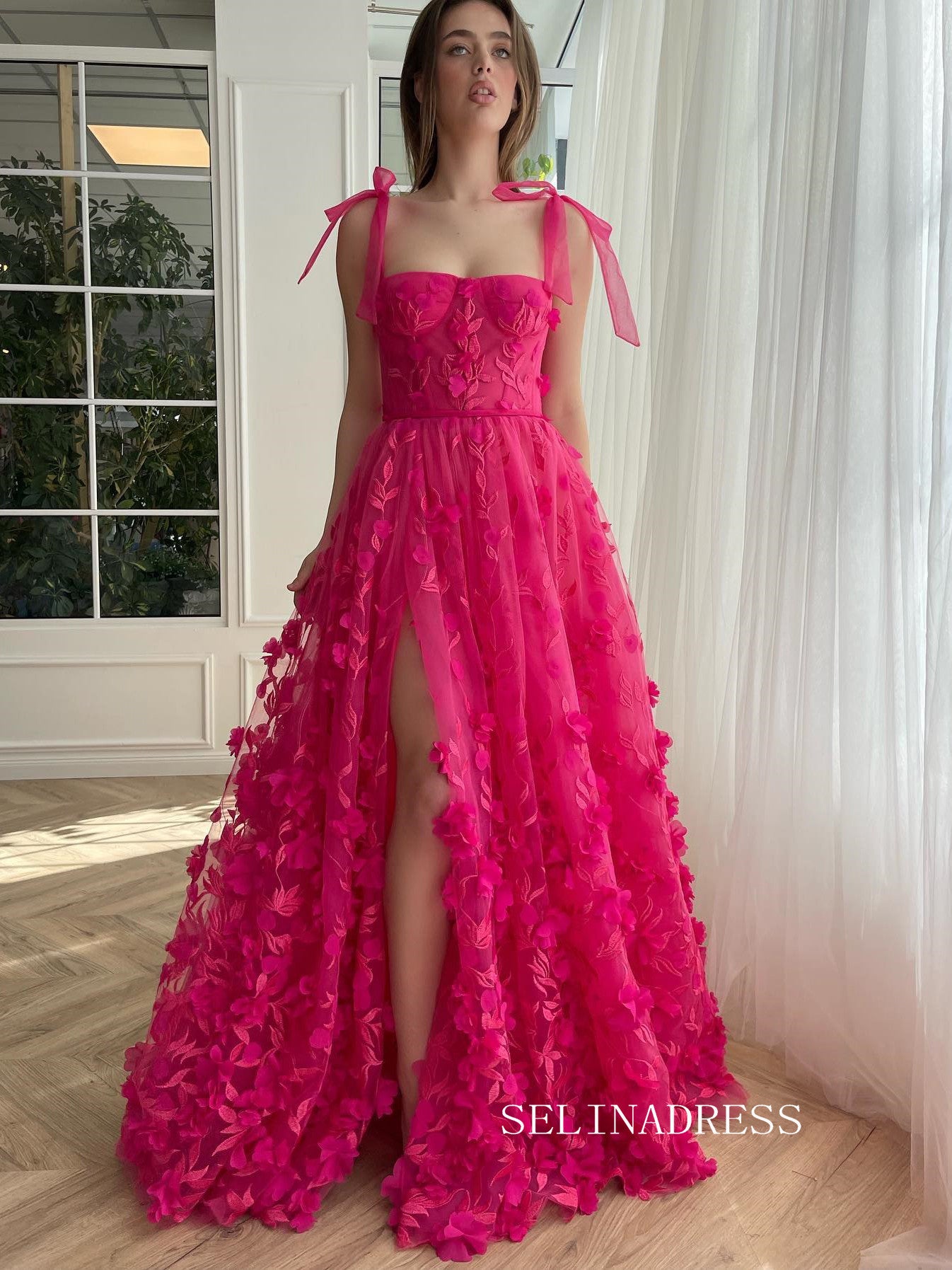 Chic A-Line Straps Hot Pink 3D Lace Floral Long Prom Dress Elegant Party Dress #kop128|Selinadress