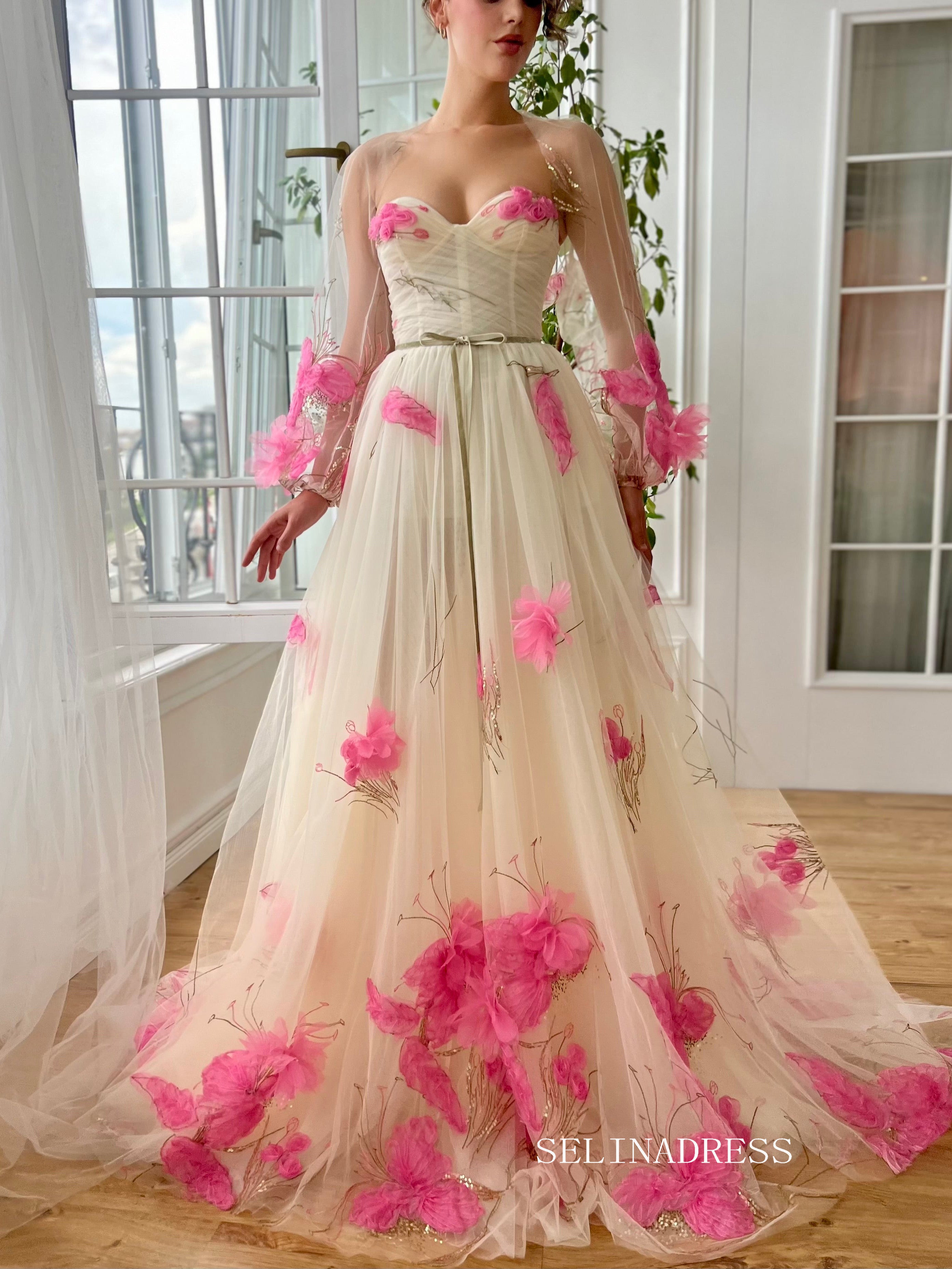 Chic A line Sweetheart Long Prom Dress Pink Flower Party Dress With Shawls JKL3122|Selinadress