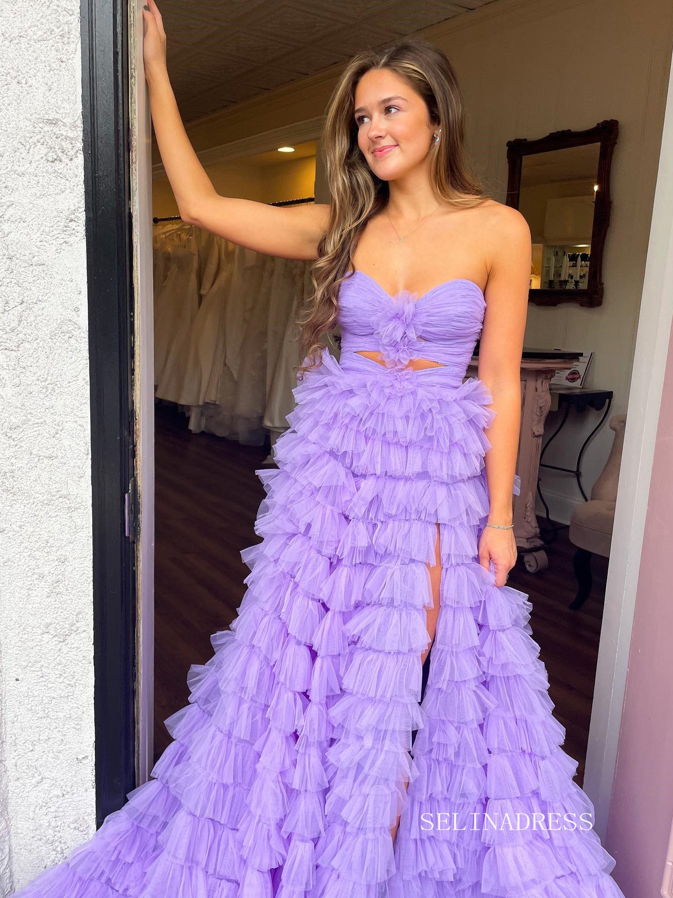 Chic A-line Sweetheart Long Prom Dresses Ruffles Elegant Lilac Evening Dress sew0315|Selinadress