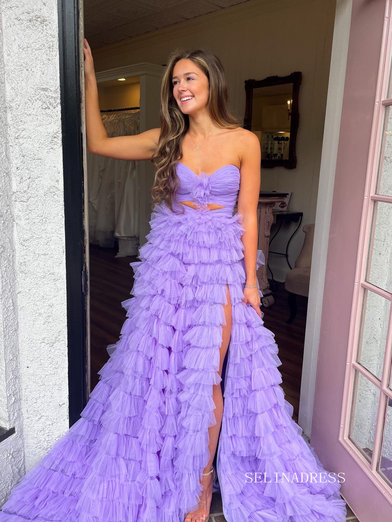 Chic A-line Sweetheart Long Prom Dresses Ruffles Elegant Lilac Evening Dress sew0315|Selinadress