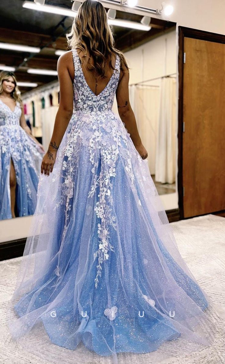 Chic A-line V neck Lace Long Prom Dresses Elegant Blue Evening Dress sew0207|Selinadress