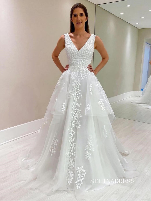 A-line Deep V neck 3D Lace Applique Wedding Dress Long Sleeve Rustic W –  SELINADRESS