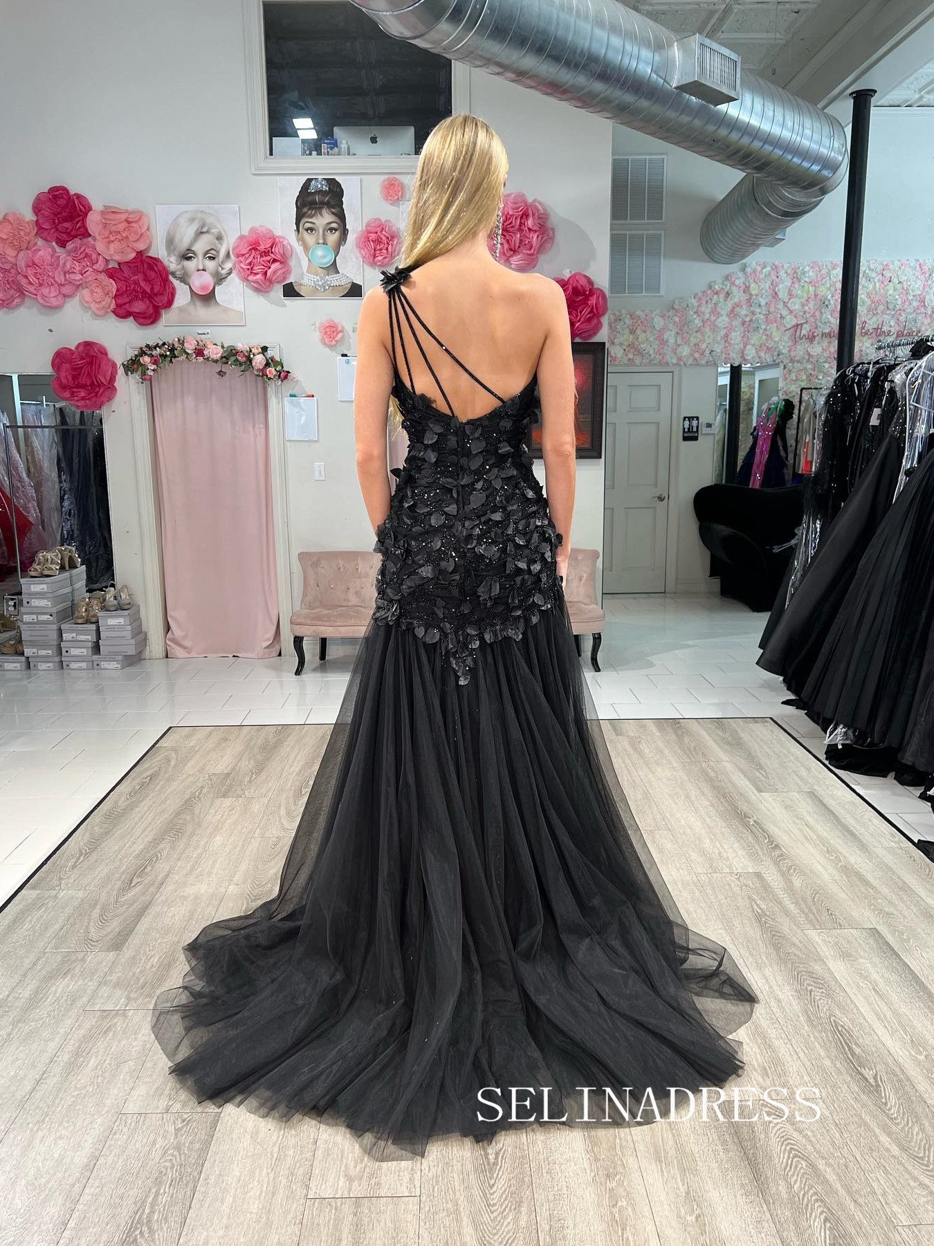 Chic Black One Shoulder Long Prom Dresses Applique Evening Dress #TKL205|Selinadress