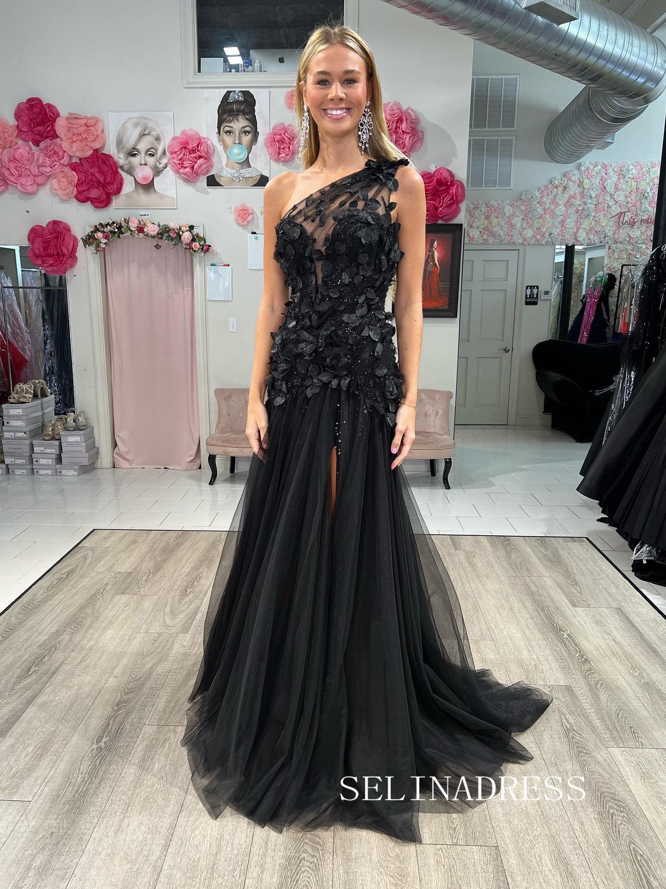 Chic Black One Shoulder Long Prom Dresses Applique Evening Dress #TKL205|Selinadress