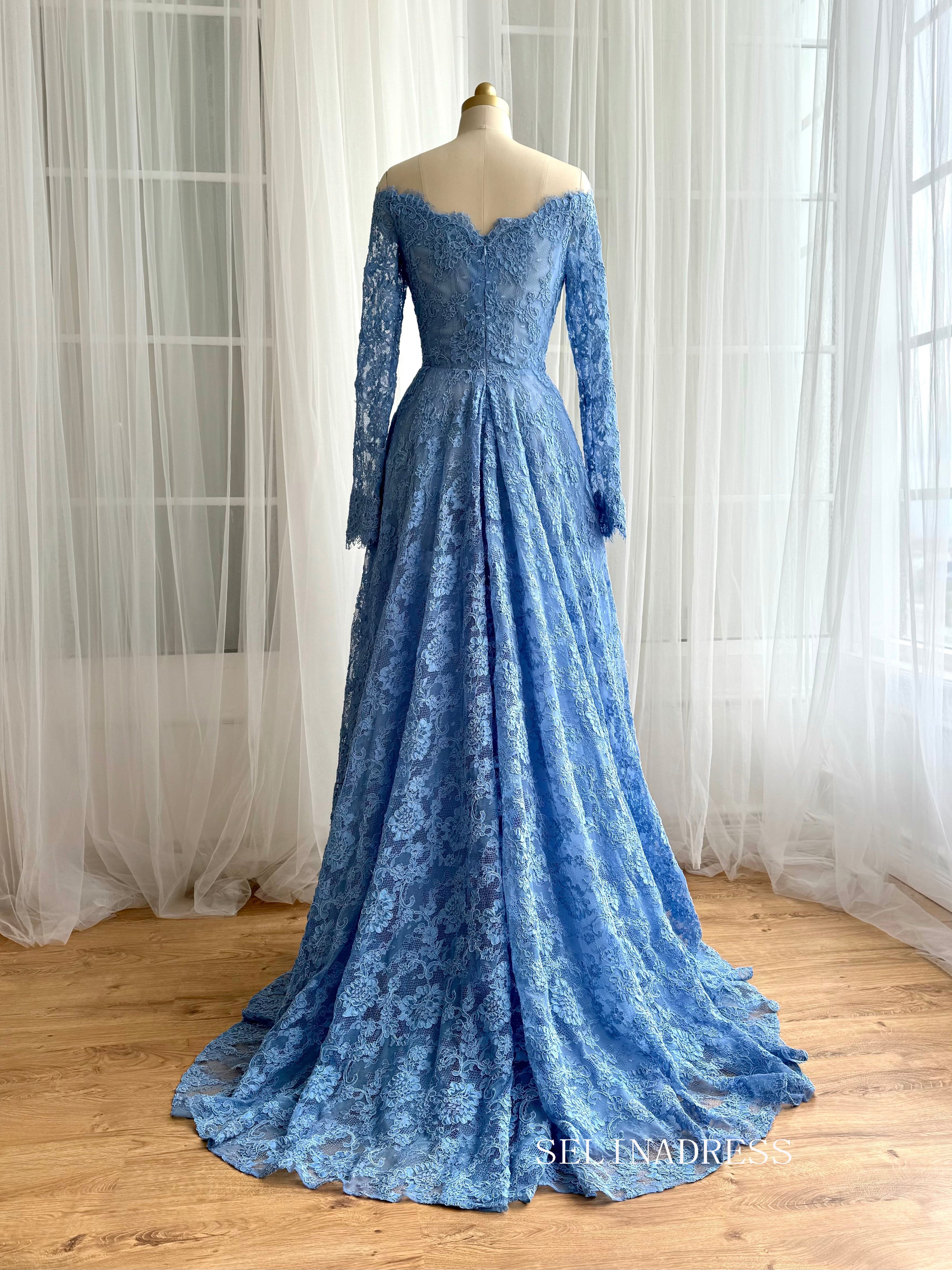 Chic Blue Lace Long Prom Dresses Off-the-shoulder Long Sleeve Unique Evening Dress With Slit JKL3126|Selinadress