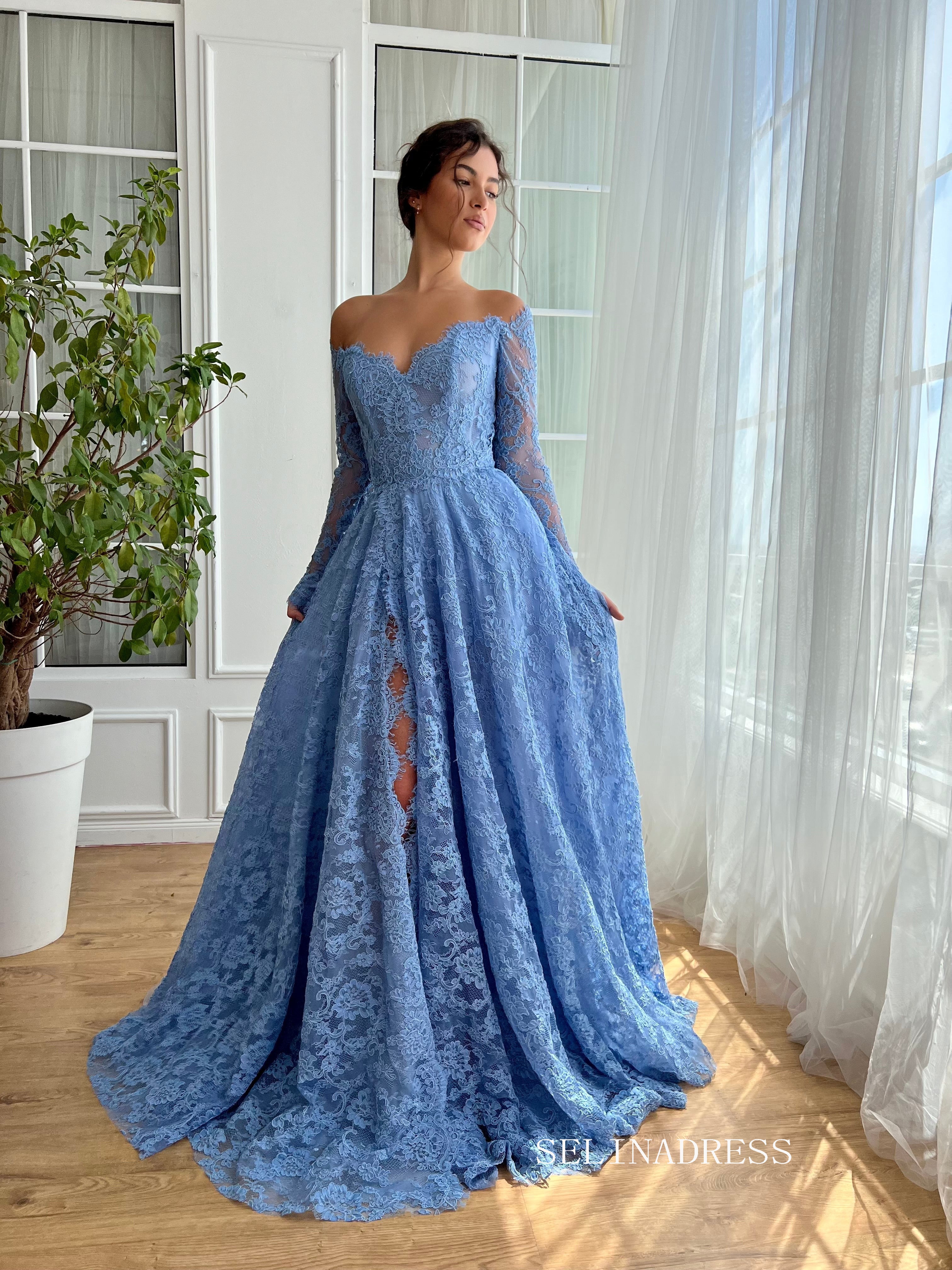 Chic Blue Lace Long Prom Dresses Off-the-shoulder Long Sleeve Unique Evening Dress With Slit JKL3126|Selinadress