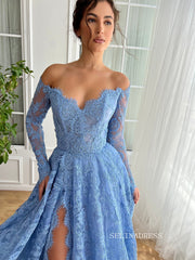 Chic Blue Lace Long Prom Dresses Off-the-shoulder Long Sleeve Unique Evening Dress With Slit JKL3126|Selinadress