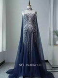 Chic Dark Navy Mermaid Straps Long Prom Dresses Elegant Beaded Evening Dress TKL3087|Selinadress