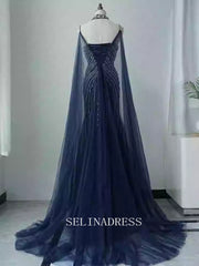 Chic Dark Navy Mermaid Straps Long Prom Dresses Elegant Beaded Evening Dress TKL3087|Selinadress