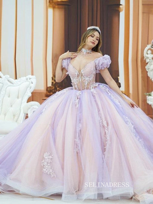 Chic Deep V neck Lilac Ball Gown Wedding Dresses Puff Sleeve Quincedress Rhinestone Evening Gowns LPK107|Selinadress