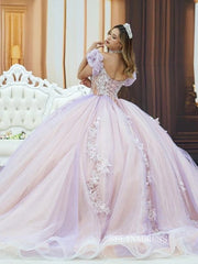 Chic Deep V neck Lilac Ball Gown Wedding Dresses Puff Sleeve Quincedress Rhinestone Evening Gowns LPK107|Selinadress