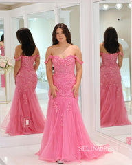 Chic Elegant Mermaid Straps Long Prom Dresses Lace Applique Evening Gown lpk117