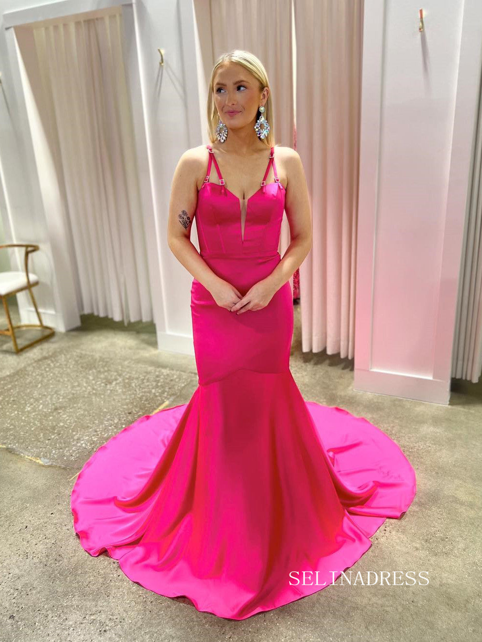 Chic Gorgeous Mermaid Long Prom Dress Satin Fuchsia Evening Gowns lpk139|Selinadress