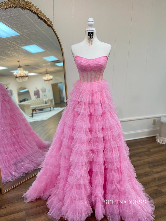 Glitter Tie Straps Pink Plunging Neck Tiered Long Prom Dress
