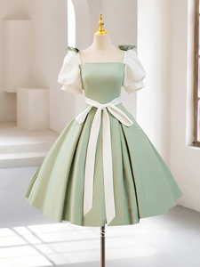 Chic Green Puff Sleeve Short Prom Dress Satin Homecoming Dress #TKL2127|Slinadress