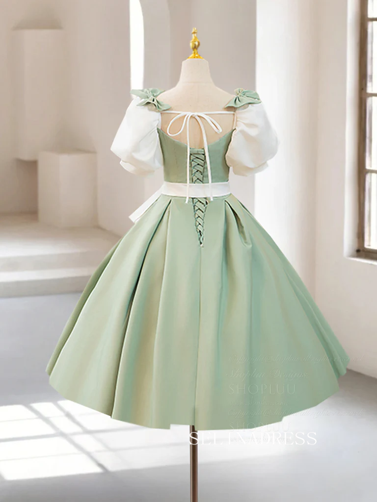 Chic Green Puff Sleeve Short Prom Dress Satin Homecoming Dress #TKL2127|Slinadress