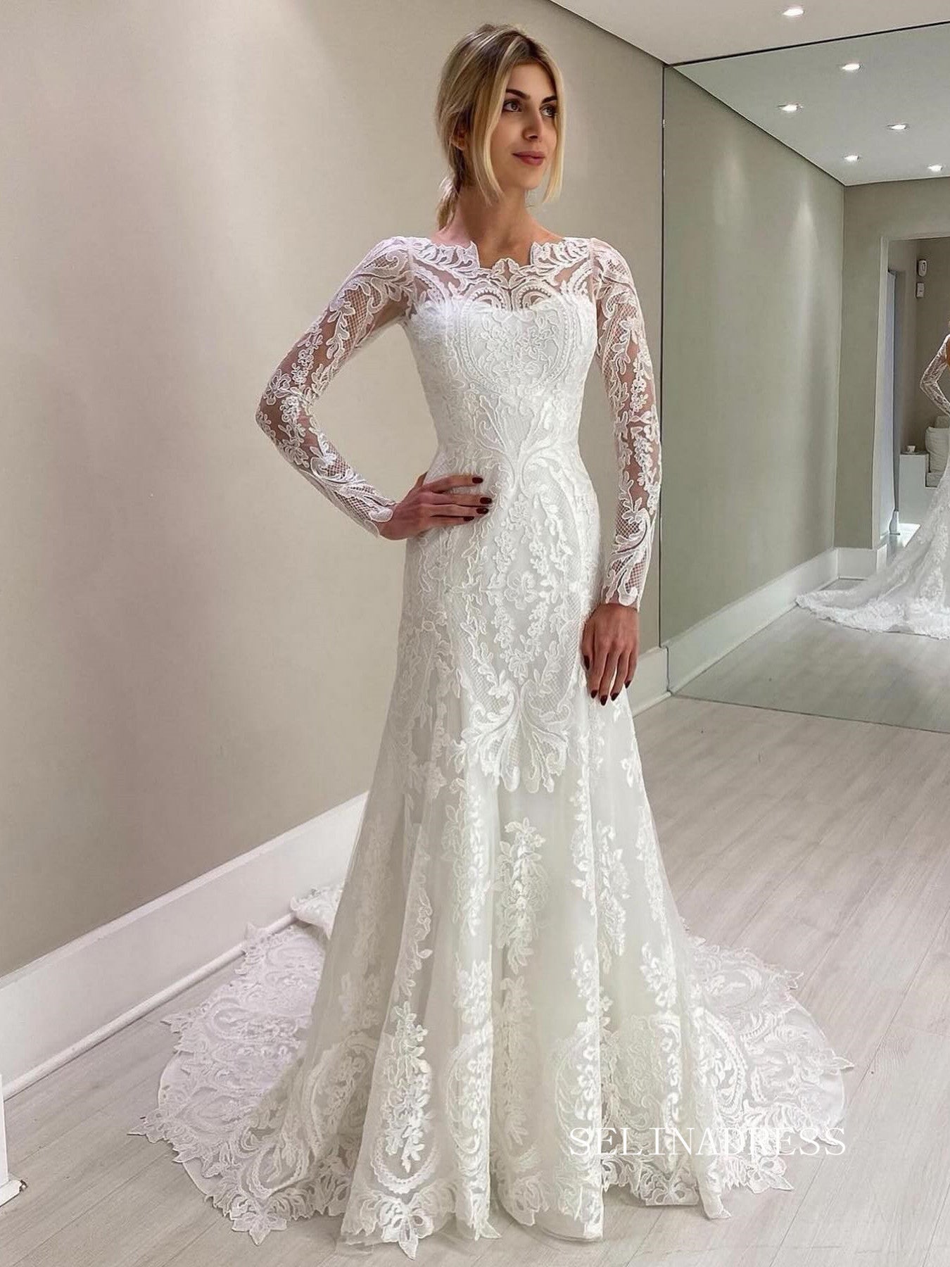 Chic Mermaid Bateau Long Sleeve Lace Wedding Dress Rustic Vintage Bridal Dresses lpk130|Selinadress