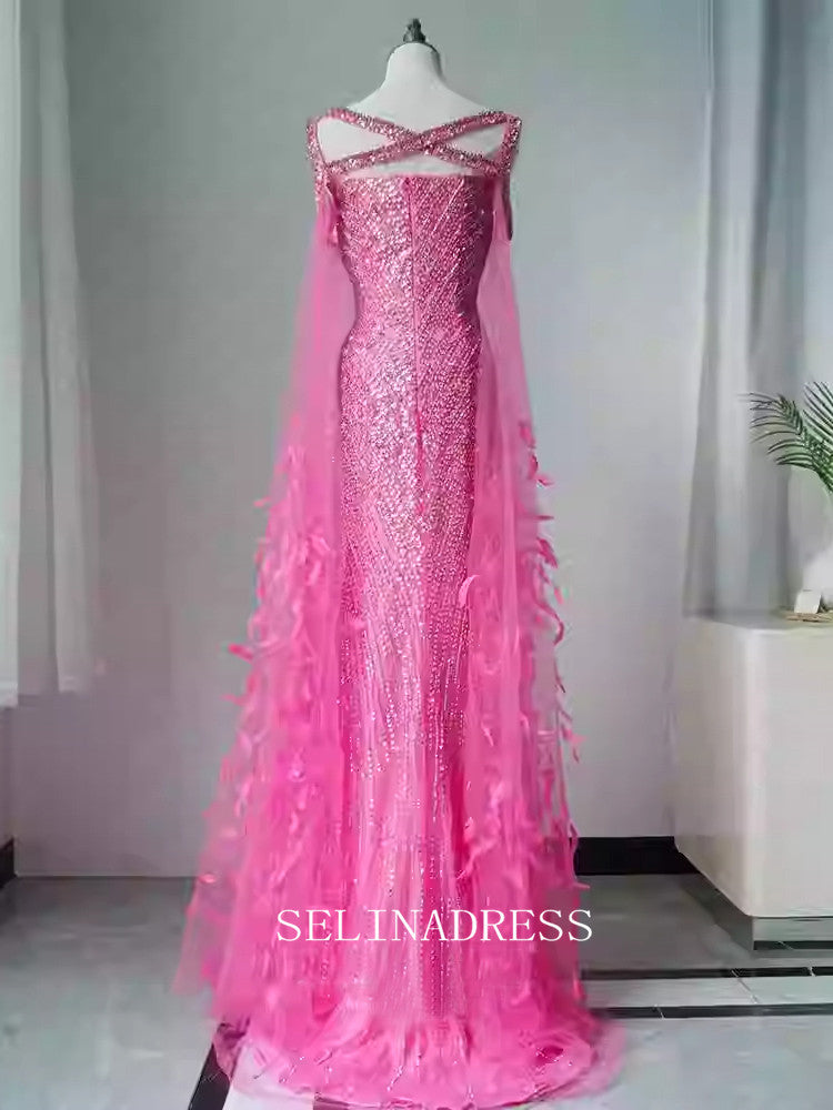 Chic Mermaid Beaded Long Prom Dresses With Removable Shoulder Strap Elegant Evening Dress TKL3086|Selinadress