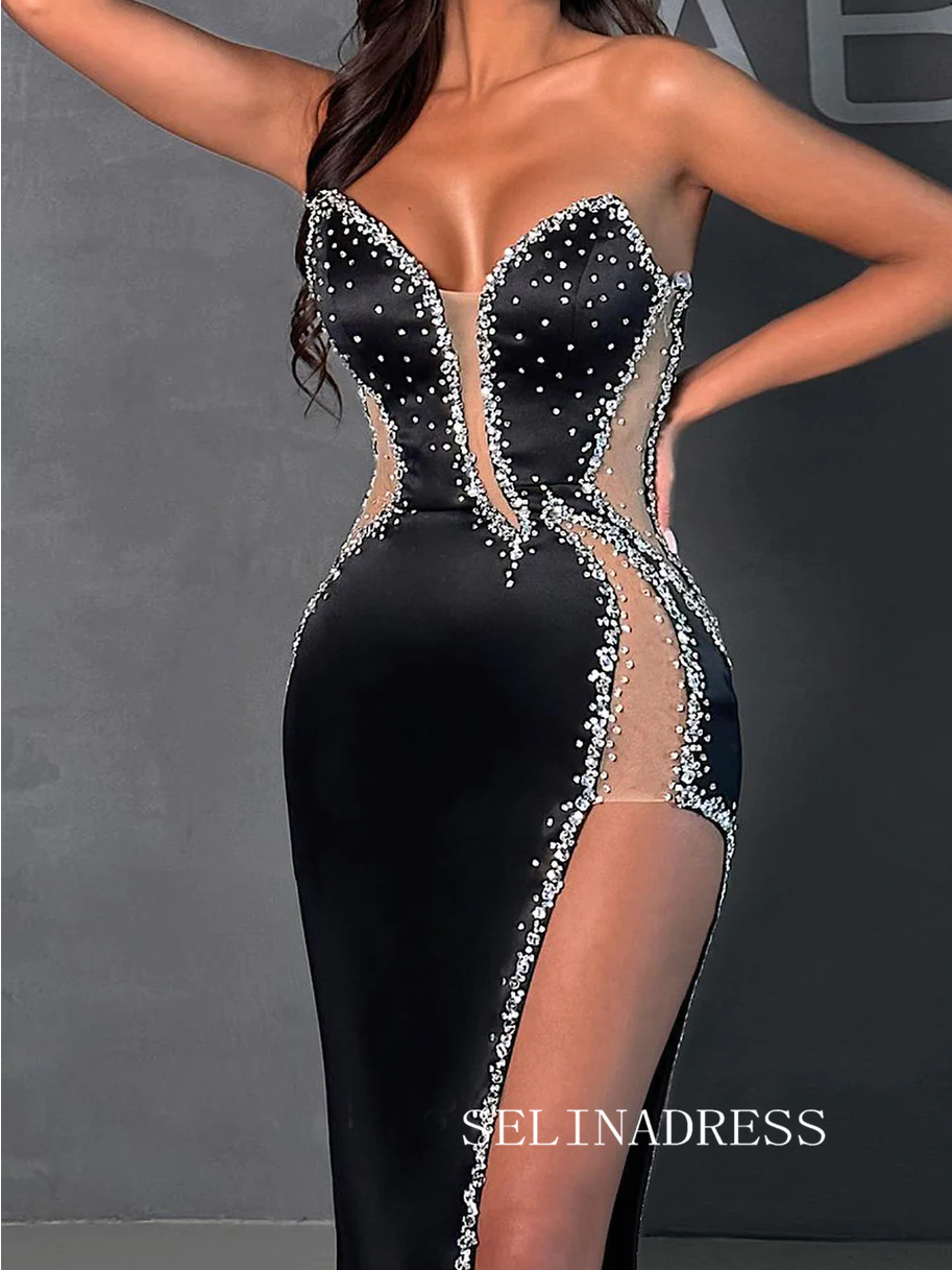 Chic Mermaid Black Long Prom Dresses Elegant High Split Evening Formal Gowns SEW0174|Selinadress