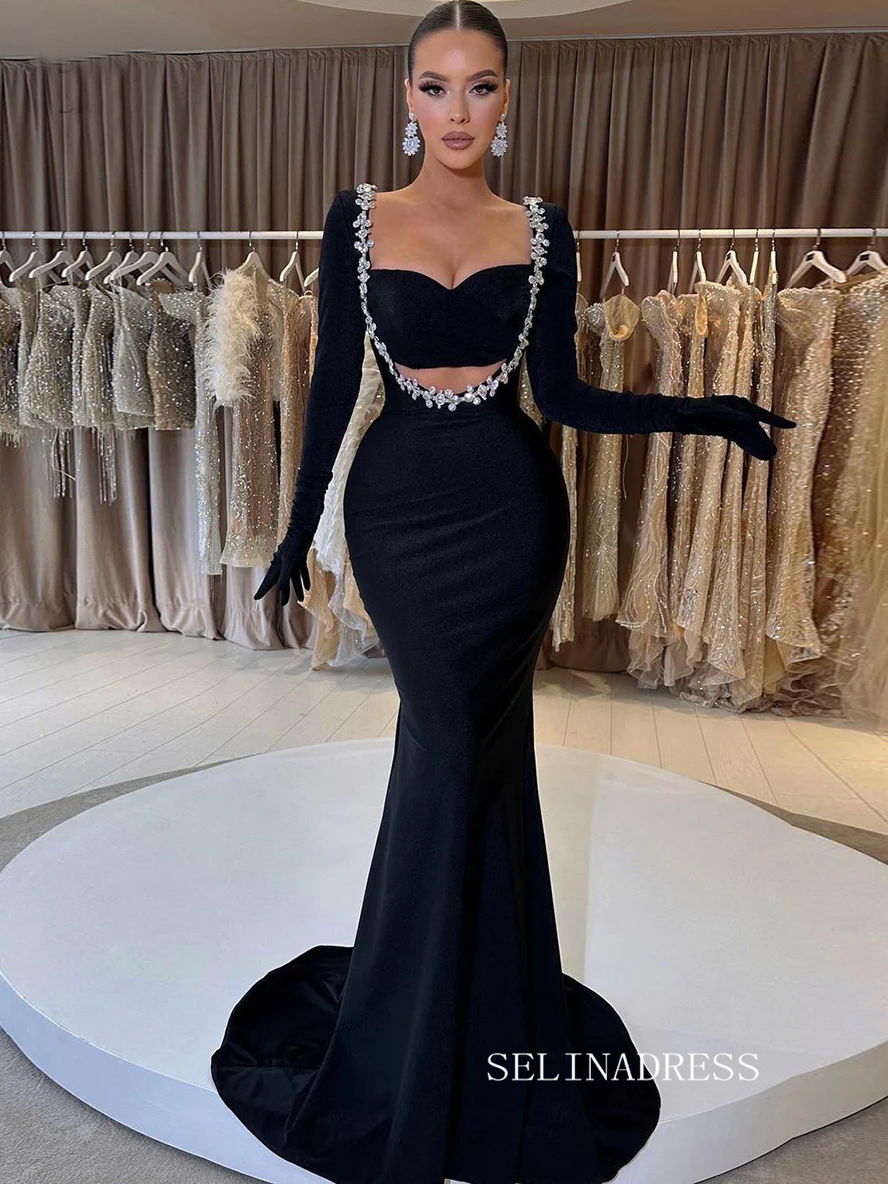 Chic Mermaid Black Long Prom Dresses Elegantt Long Sleeve Evening Dress sew0216|Selinadress