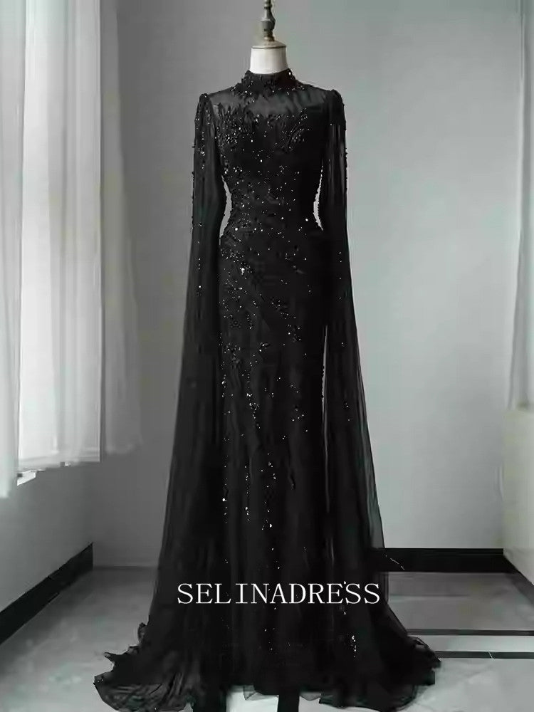 Chic Mermaid High Neck Long Sleeve Beaded Prom Dresses Elegant Evening Dress TKL3088|Selinadress