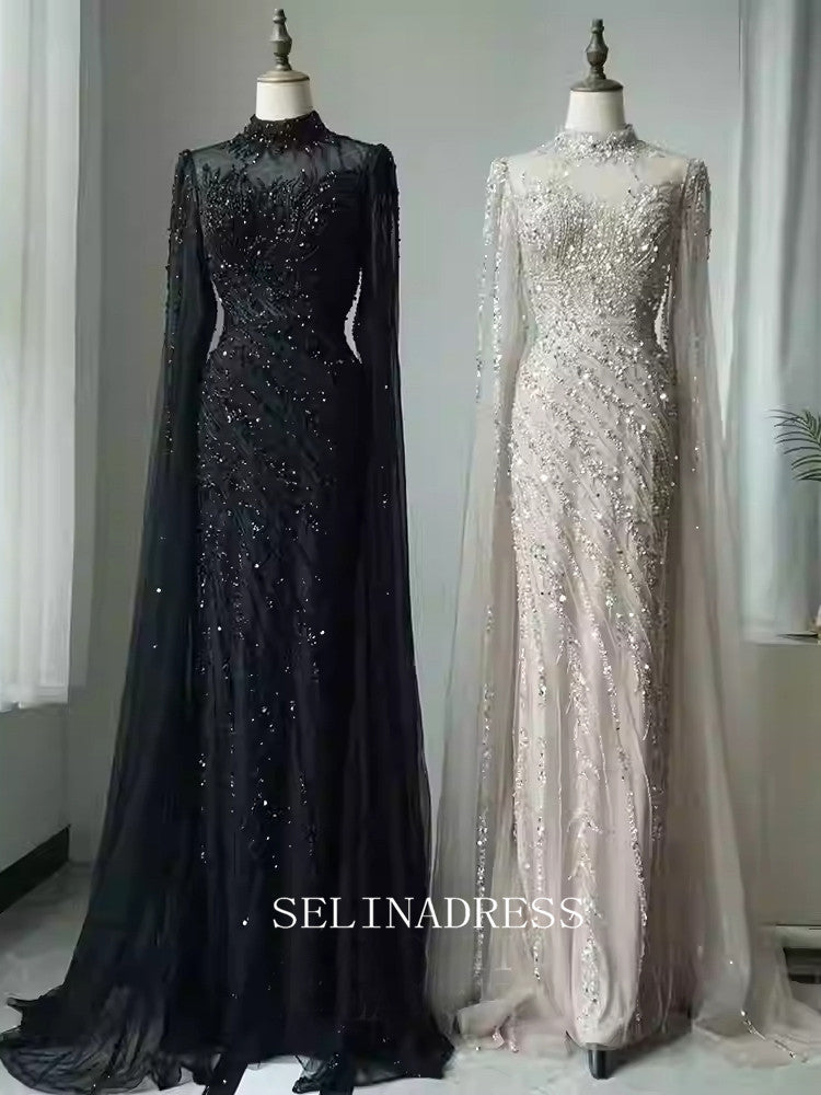 Chic Mermaid High Neck Long Sleeve Beaded Prom Dresses Elegant Evening Dress TKL3088|Selinadress