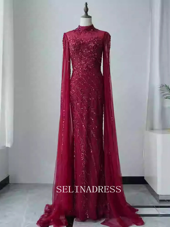 Chic Mermaid High Neck Long Sleeve Beaded Prom Dresses Elegant Evening Dress TKL3088|Selinadress