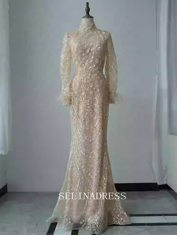 Chic Mermaid High Neck Long Sleeve Prom Dresses Elegant Beaded Evening Dress TKL3083|Selinadress