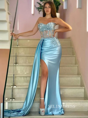 Chic Mermaid Light Sky Blue Long Prom Dresses Elegant Evening Dress sew0217|Selinadress