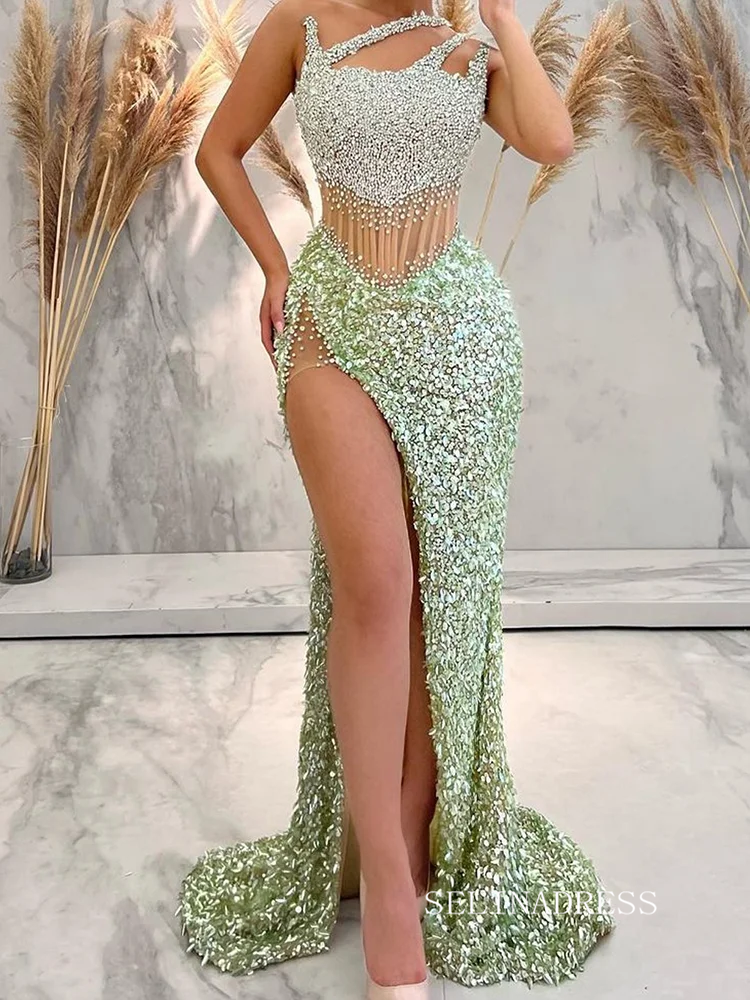 Chic Mermaid Long Prom Dresses Tulle Sage Sequins Evening Gowns sew0303|Selinadress