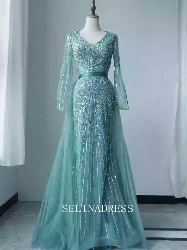 Chic Mermaid Long Sleeve Beaded Prom Dresses Elegant Evening Dress TKL3080|Selinadress