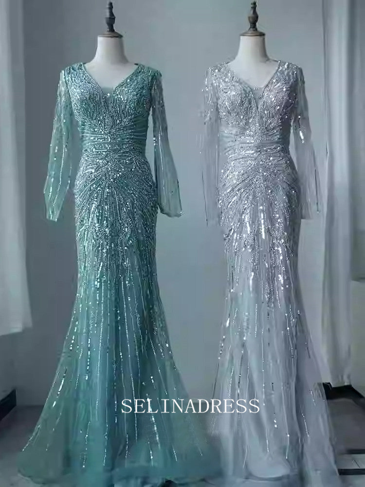 Chic Mermaid Long Sleeve Beaded Prom Dresses Elegant Evening Dress TKL3080|Selinadress