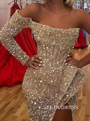 Chic Mermaid Long Sleeve Evening Prom Gowns Glitter Long Split Elegant Evening Dress SEW0163|Selinadress