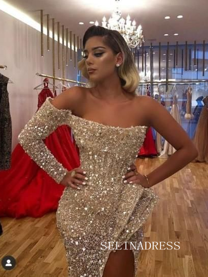 Chic Mermaid Long Sleeve Evening Prom Gowns Glitter Long Split Elegant Evening Dress SEW0163|Selinadress