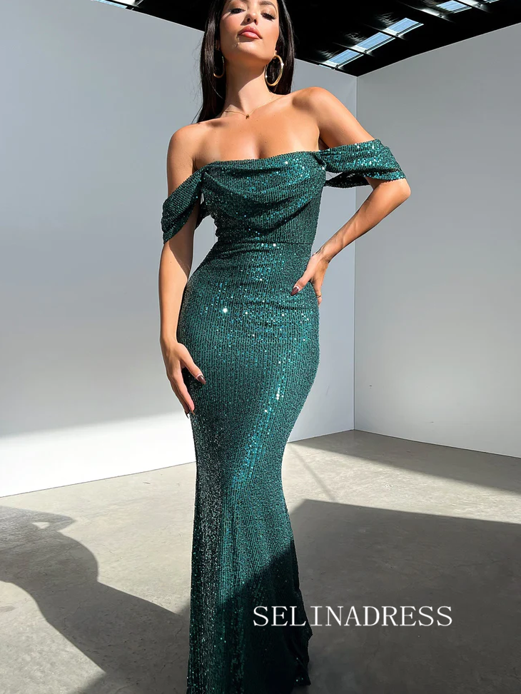 Chic Mermaid Off-the-shoulder Evening Gowns Glitter Dark Green Evening Dress SEW0166|Selinadress