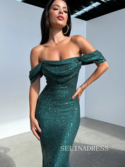 Chic Mermaid Off-the-shoulder Evening Gowns Glitter Dark Green Evening Dress SEW0166|Selinadress