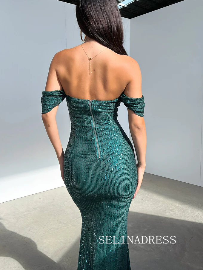 Chic Mermaid Off-the-shoulder Evening Gowns Glitter Dark Green Evening Dress SEW0166|Selinadress